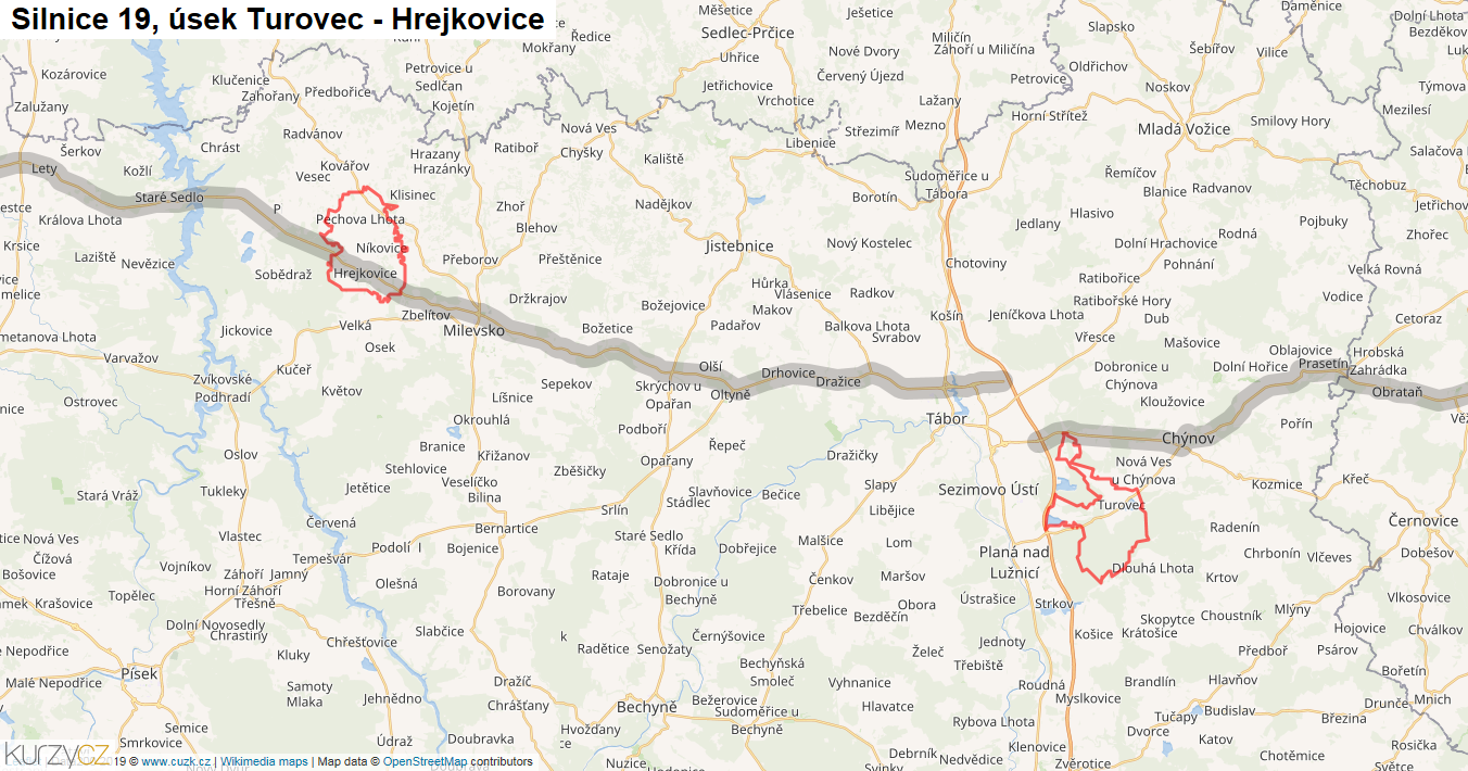 Úsek Turovec - Hrejkovice, Silnice 19 - Mapa