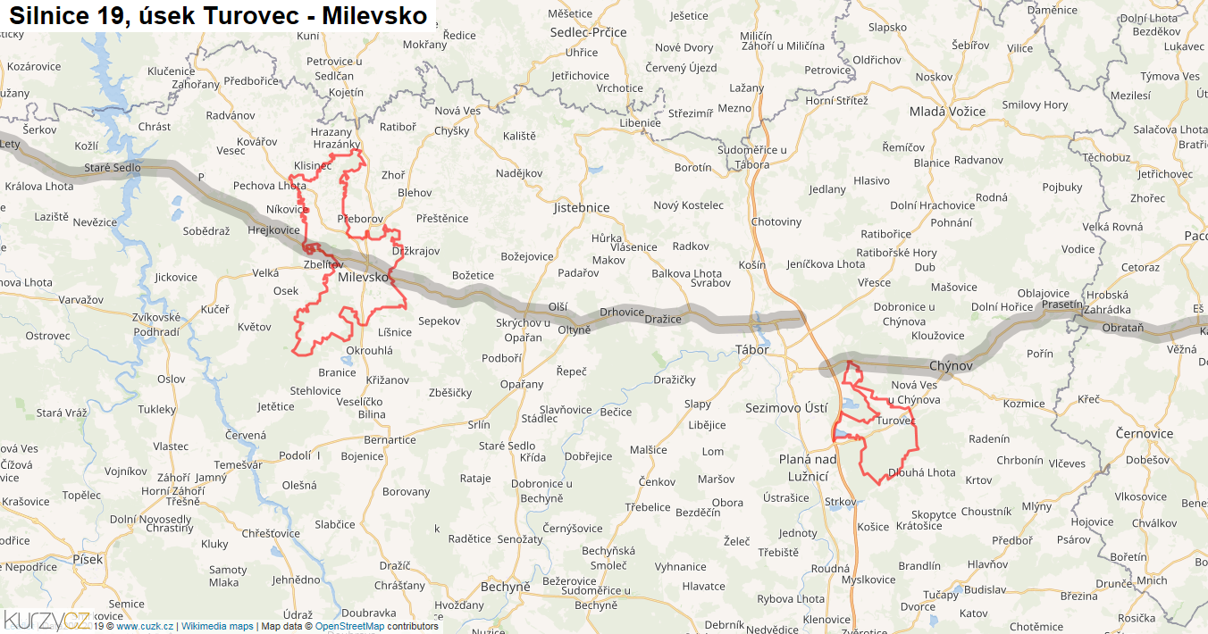 Úsek Turovec - Milevsko, Silnice 19 - Mapa