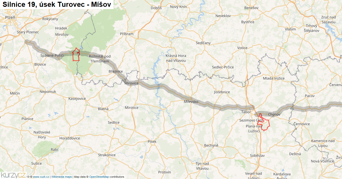 Úsek Turovec - Míšov, Silnice 19 - Mapa