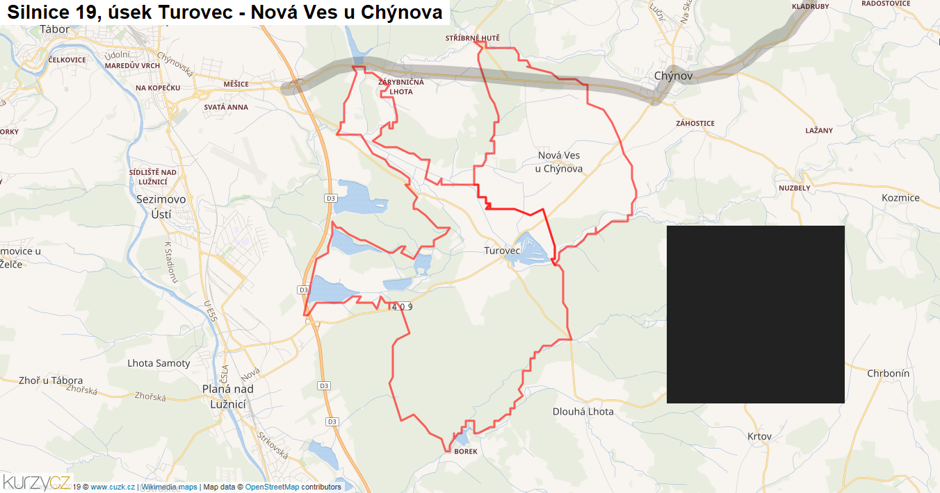Úsek Turovec - Nová Ves u Chýnova, Silnice 19 - Mapa