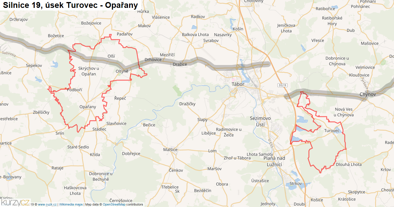 Úsek Turovec - Opařany, Silnice 19 - Mapa