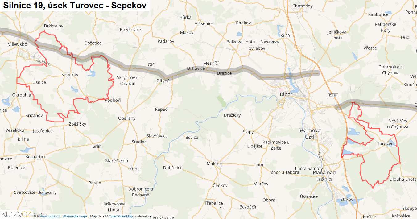 Úsek Turovec - Sepekov, Silnice 19 - Mapa
