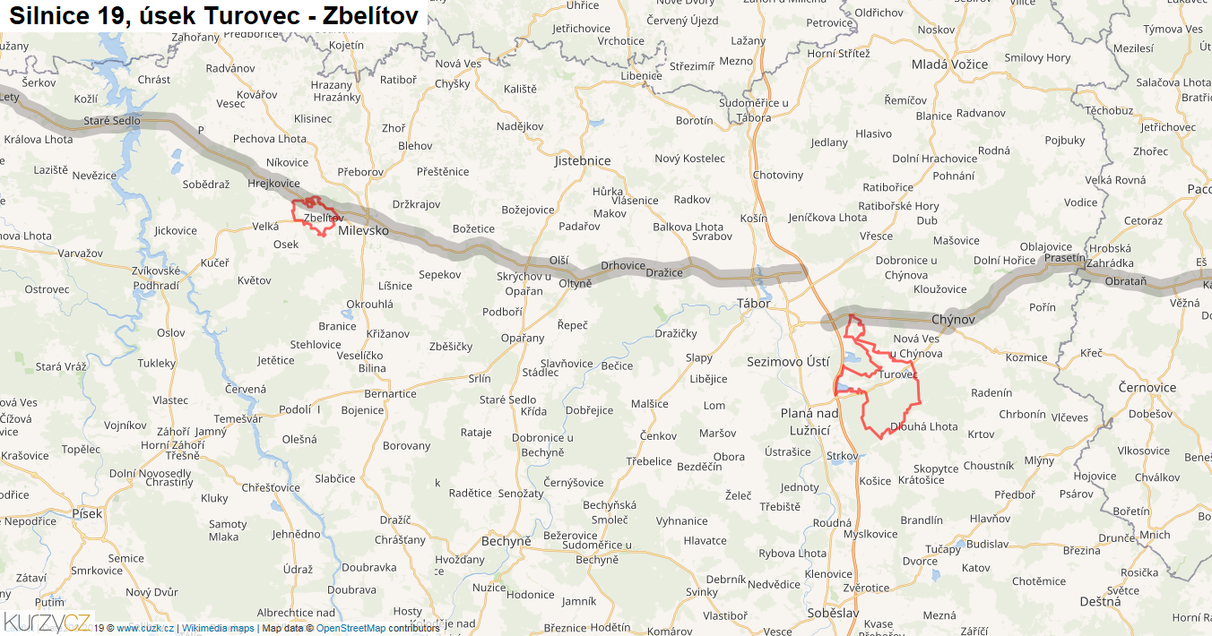 Úsek Turovec - Zbelítov, Silnice 19 - Mapa