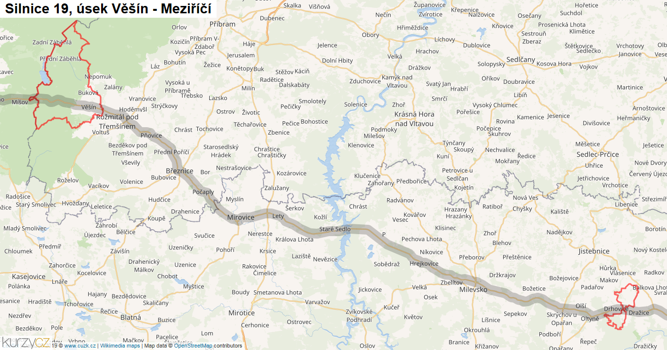 Úsek Věšín - Meziříčí, Silnice 19 - Mapa
