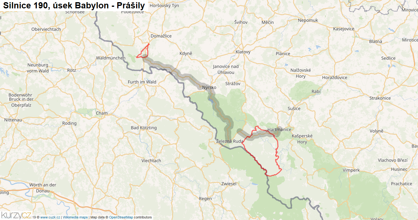Úsek Babylon - Prášily, Silnice 190 - Mapa