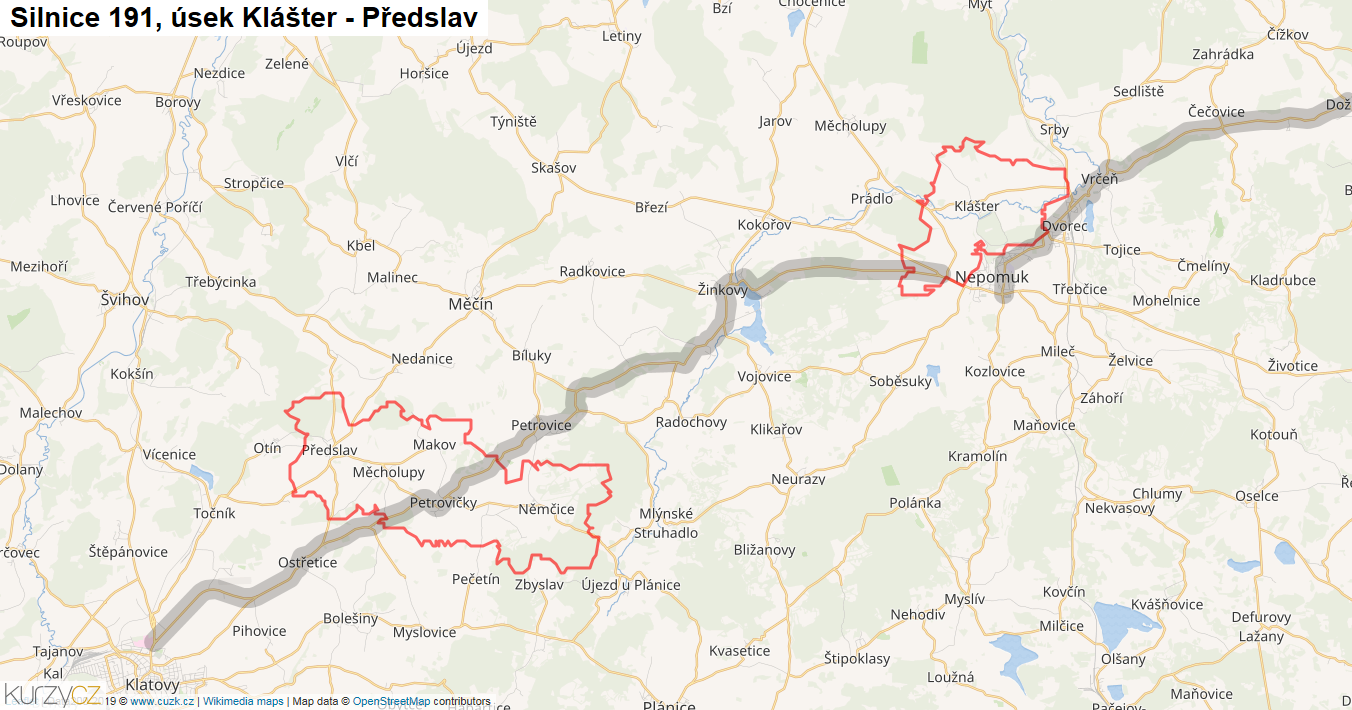 Úsek Klášter - Předslav, Silnice 191 - Mapa