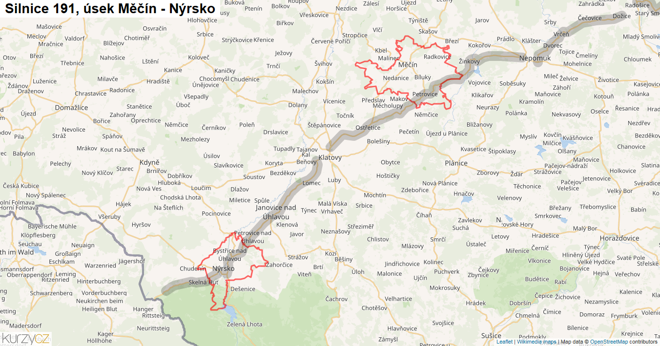 Úsek Měčín - Nýrsko, Silnice 191 - Mapa