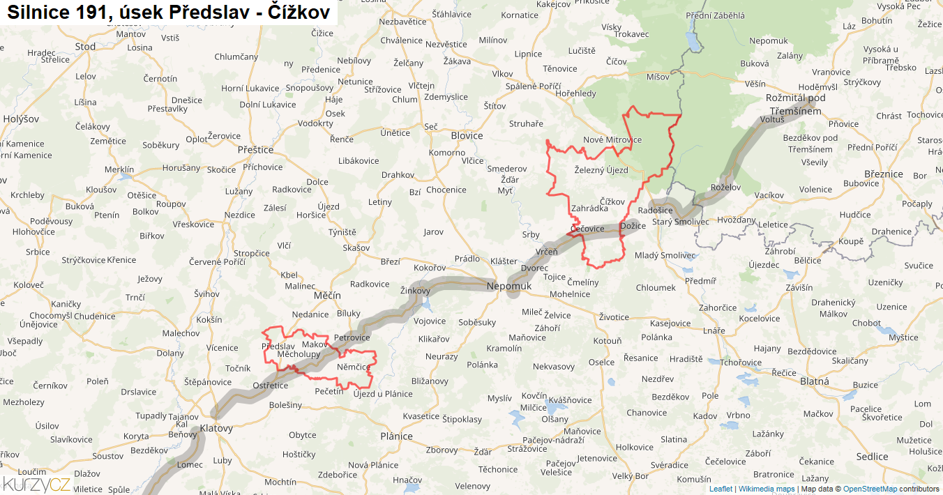 Úsek Předslav - Čížkov, Silnice 191 - Mapa