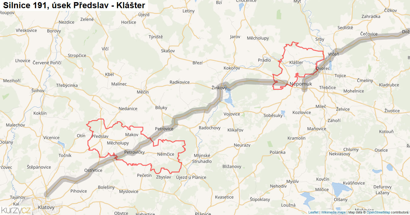 Úsek Předslav - Klášter, Silnice 191 - Mapa