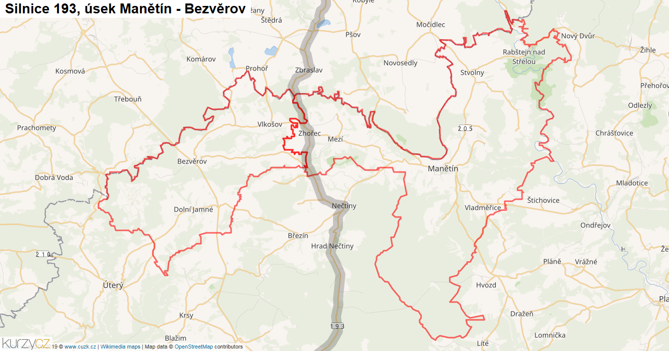 Úsek Manětín - Bezvěrov, Silnice 193 - Mapa