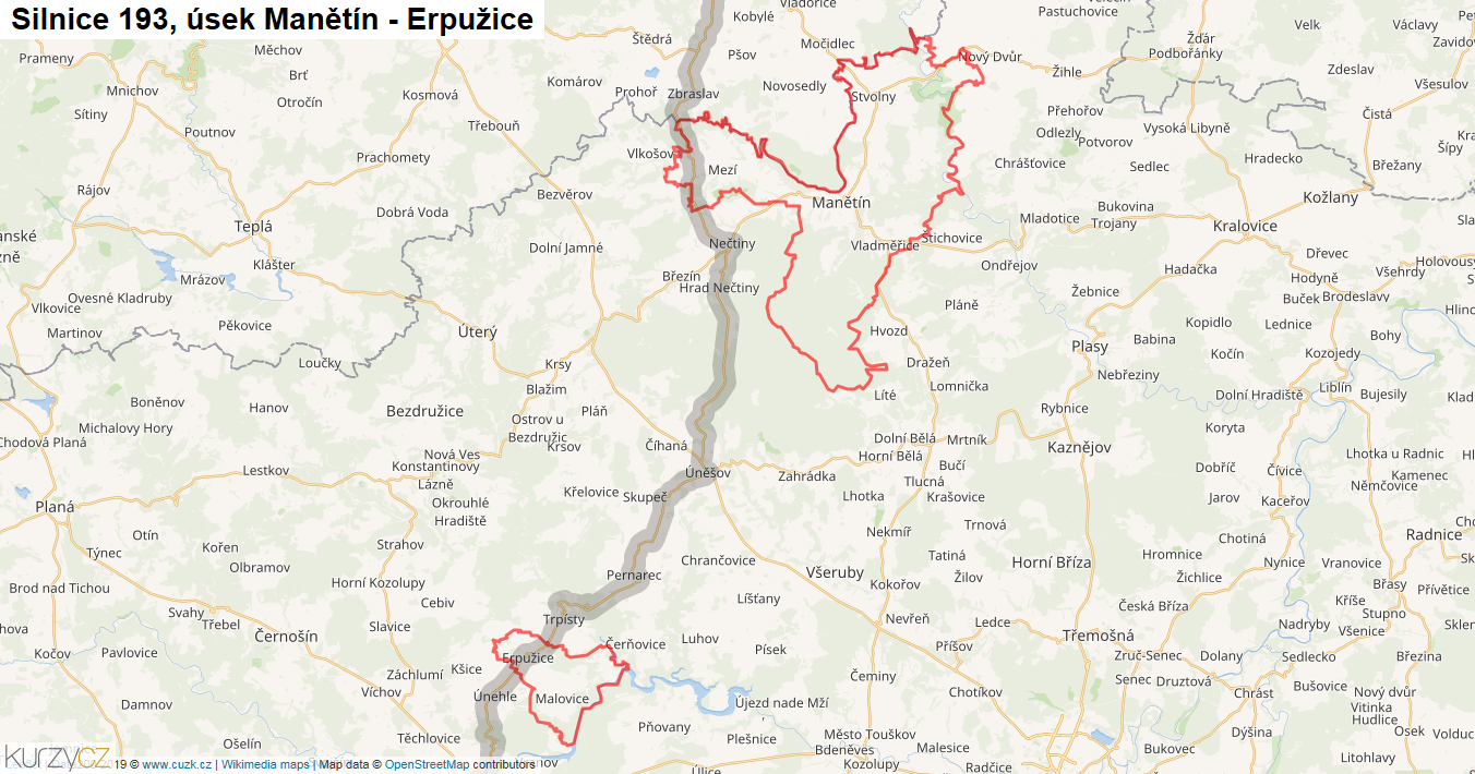 Úsek Manětín - Erpužice, Silnice 193 - Mapa