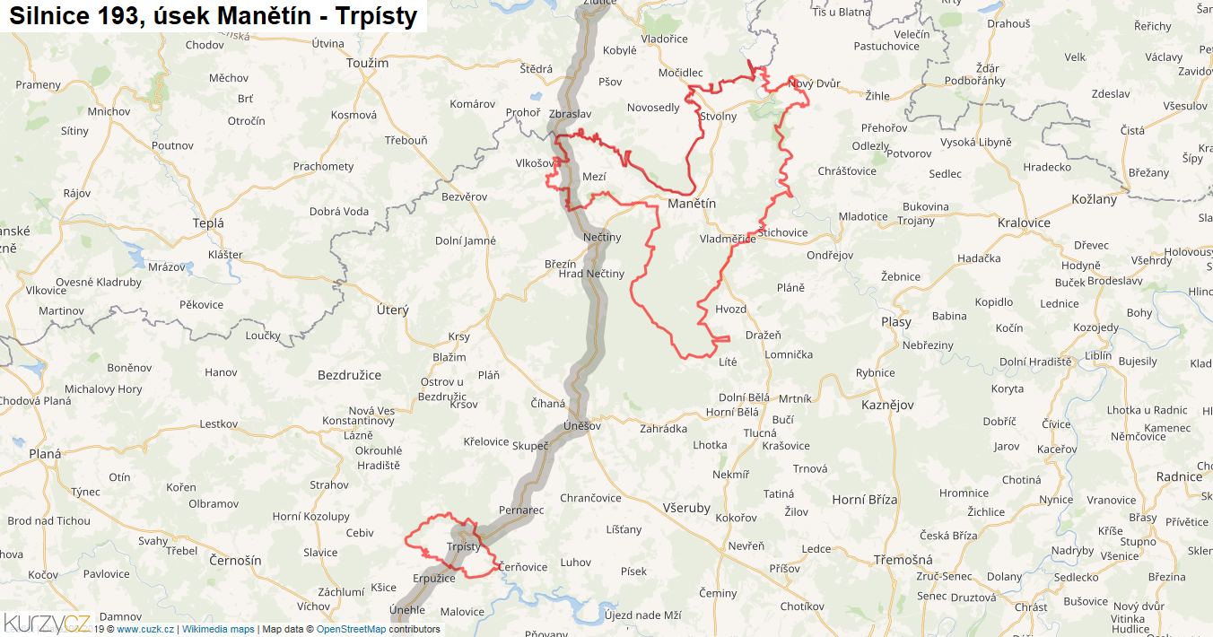 Úsek Manětín - Trpísty, Silnice 193 - Mapa