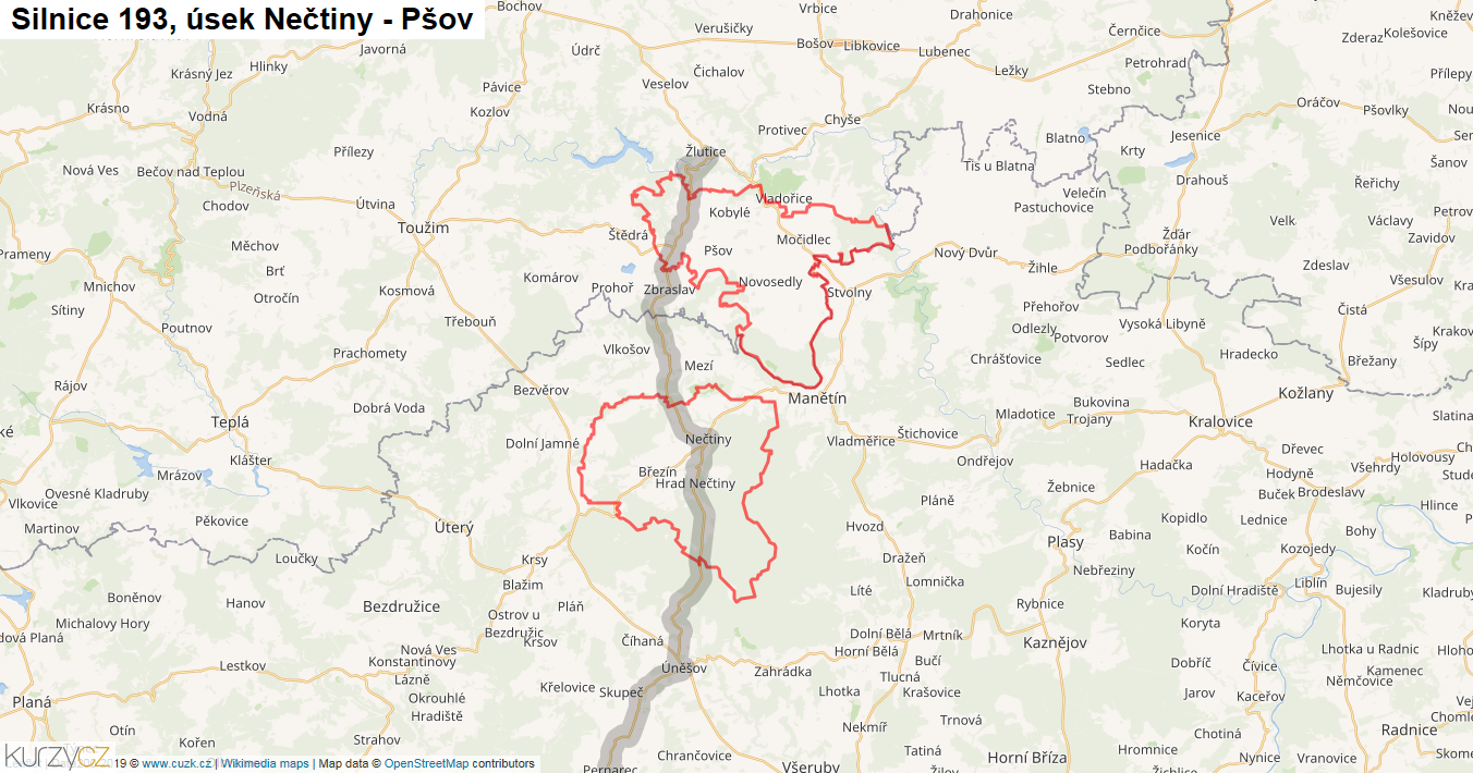 Úsek Nečtiny - Pšov, Silnice 193 - Mapa