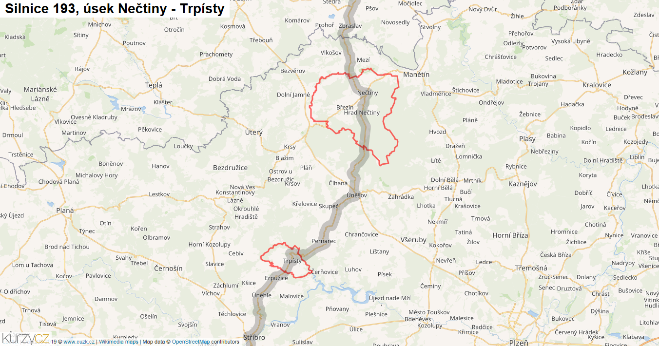 Úsek Nečtiny - Trpísty, Silnice 193 - Mapa