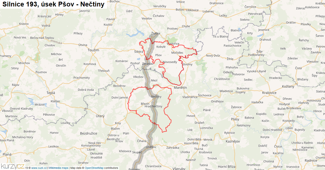 Úsek Pšov - Nečtiny, Silnice 193 - Mapa
