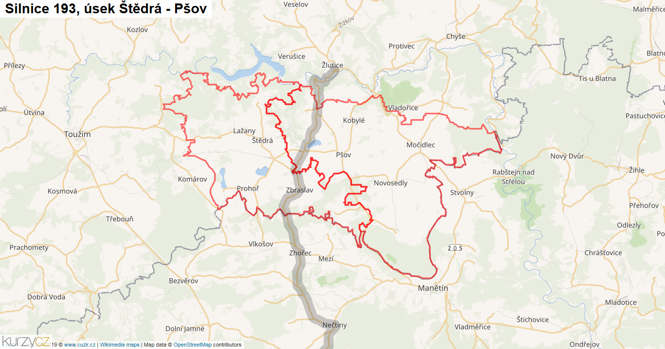 Úsek Štědrá - Pšov, Silnice 193 - Mapa