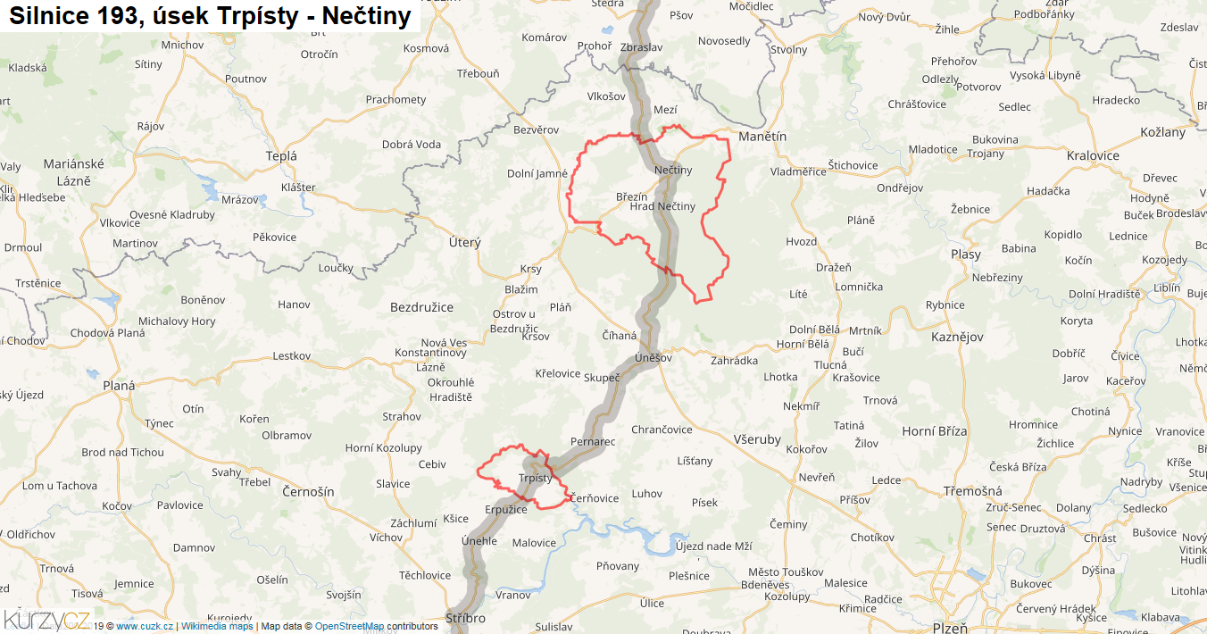 Úsek Trpísty - Nečtiny, Silnice 193 - Mapa