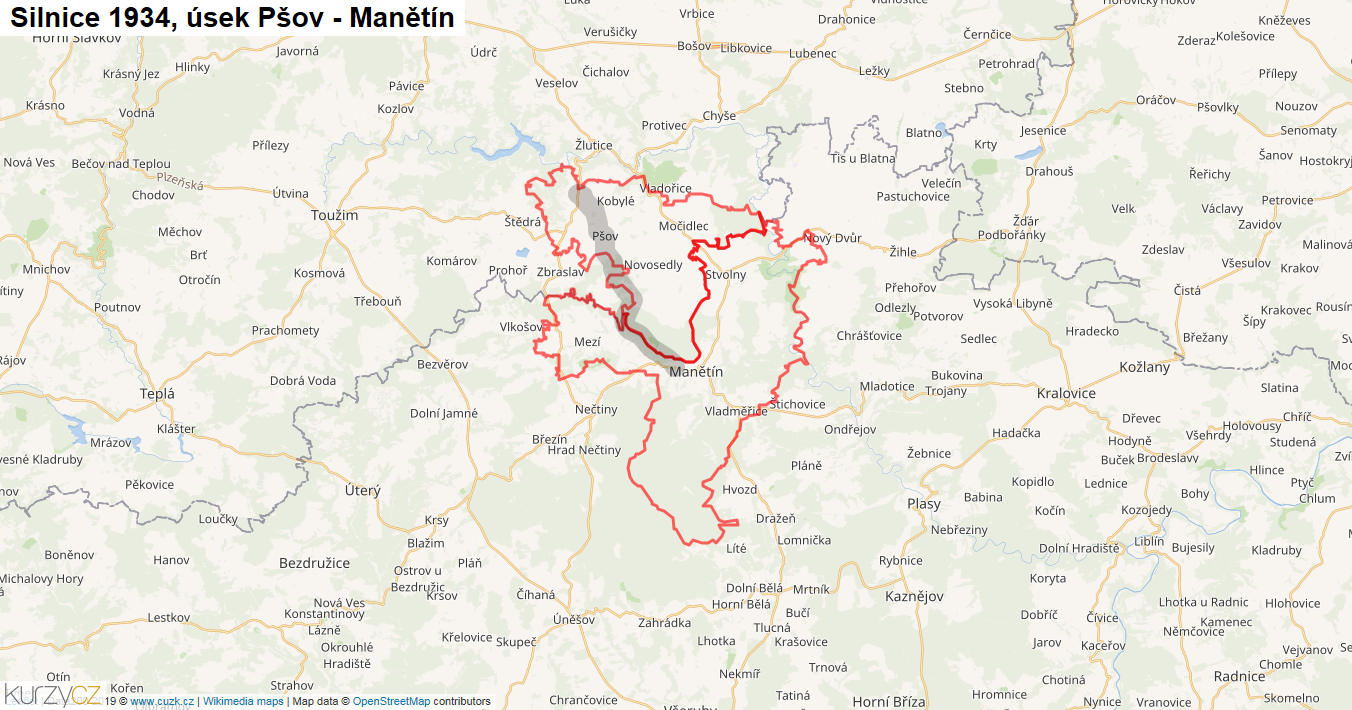 Úsek Pšov - Manětín, Silnice 1934 - Mapa