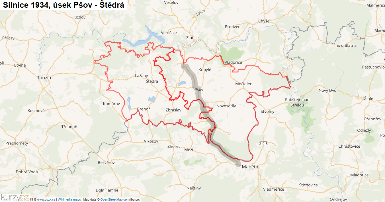 Úsek Pšov - Štědrá, Silnice 1934 - Mapa