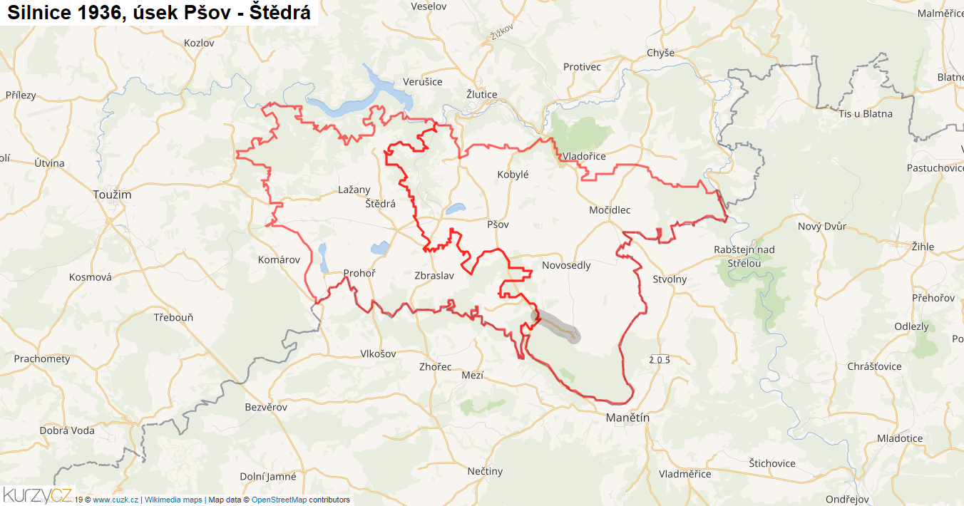 Úsek Pšov - Štědrá, Silnice 1936 - Mapa