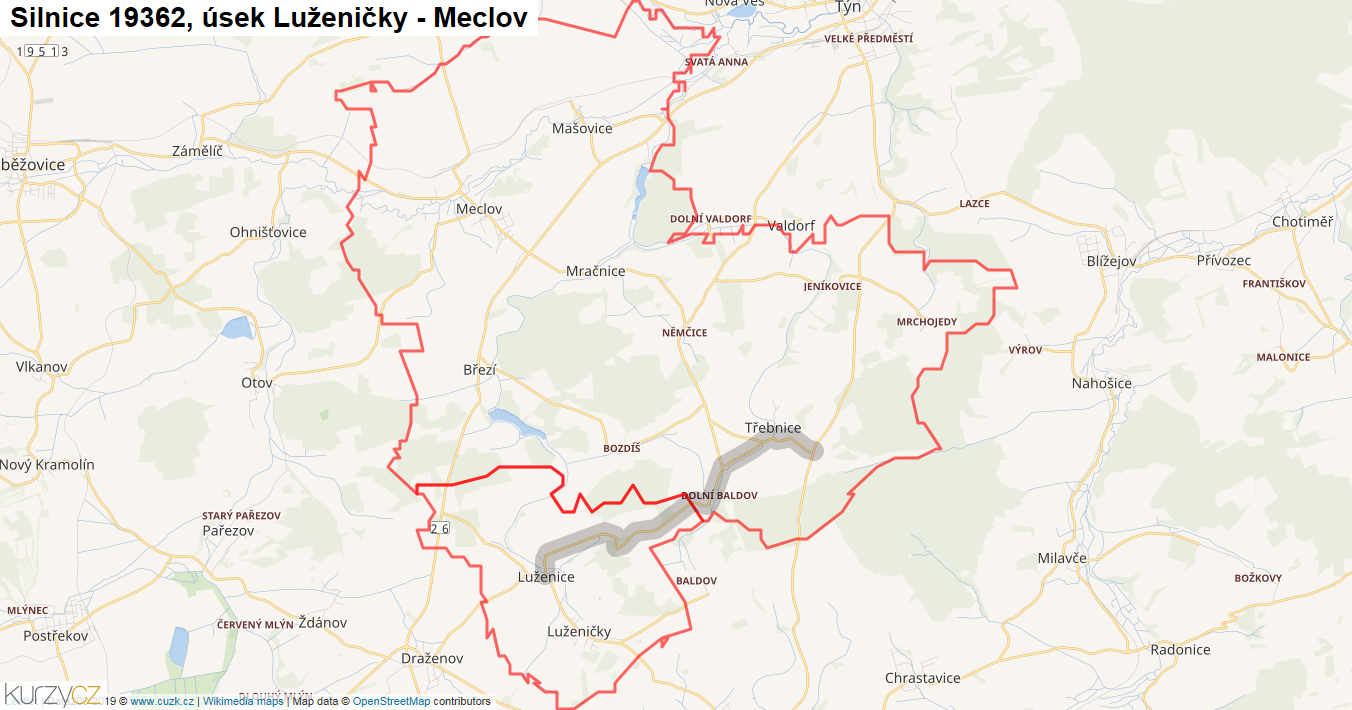 Úsek Luženičky - Meclov, Silnice 19362 - Mapa