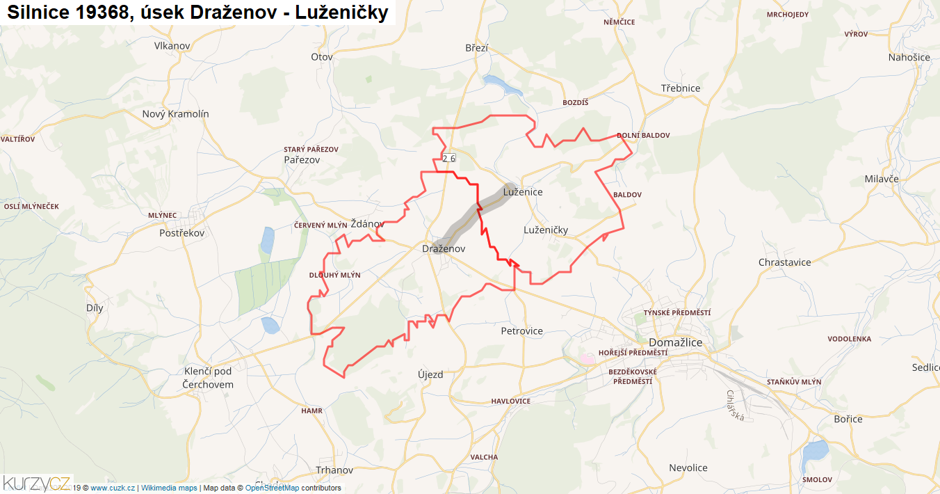 Úsek Draženov - Luženičky, Silnice 19368 - Mapa