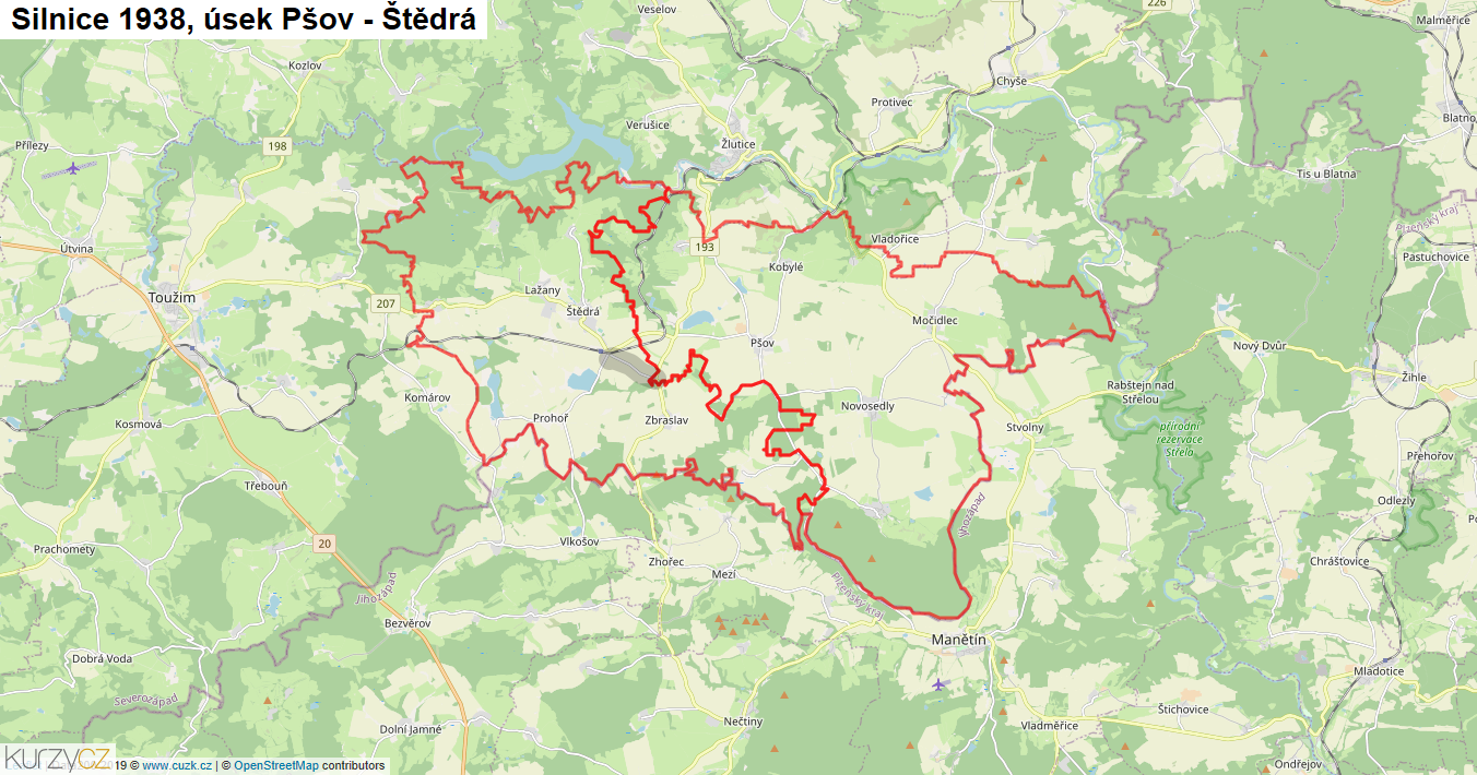 Úsek Pšov - Štědrá, Silnice 1938 - Mapa