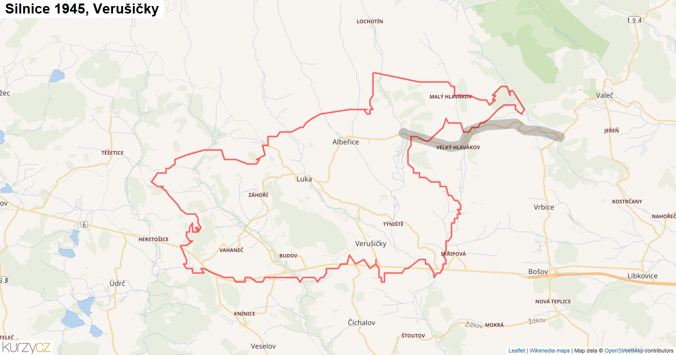 Verušičky, Silnice 1945 - Mapa