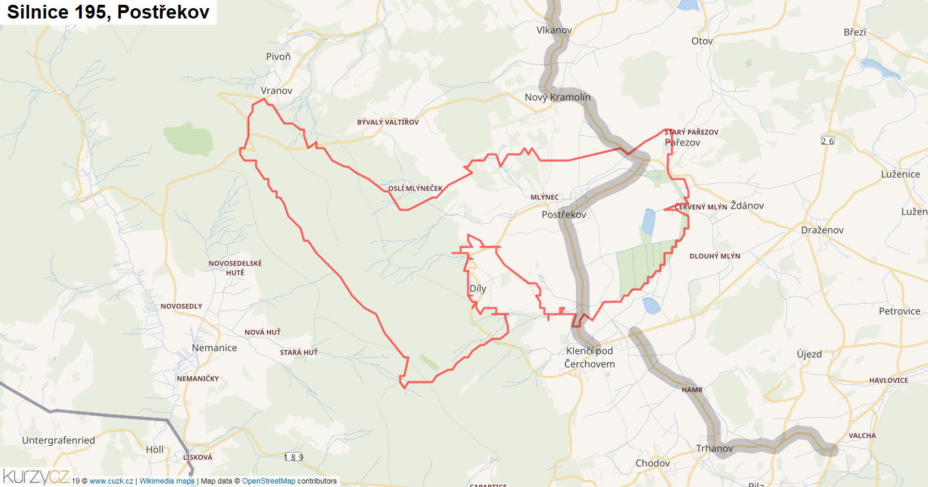 Postřekov, Silnice 195 - Mapa