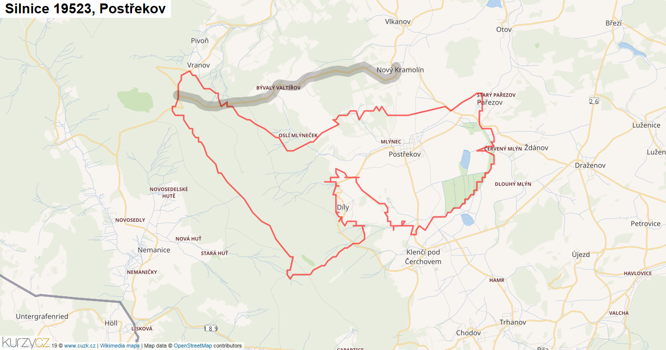 Postřekov, Silnice 19523 - Mapa