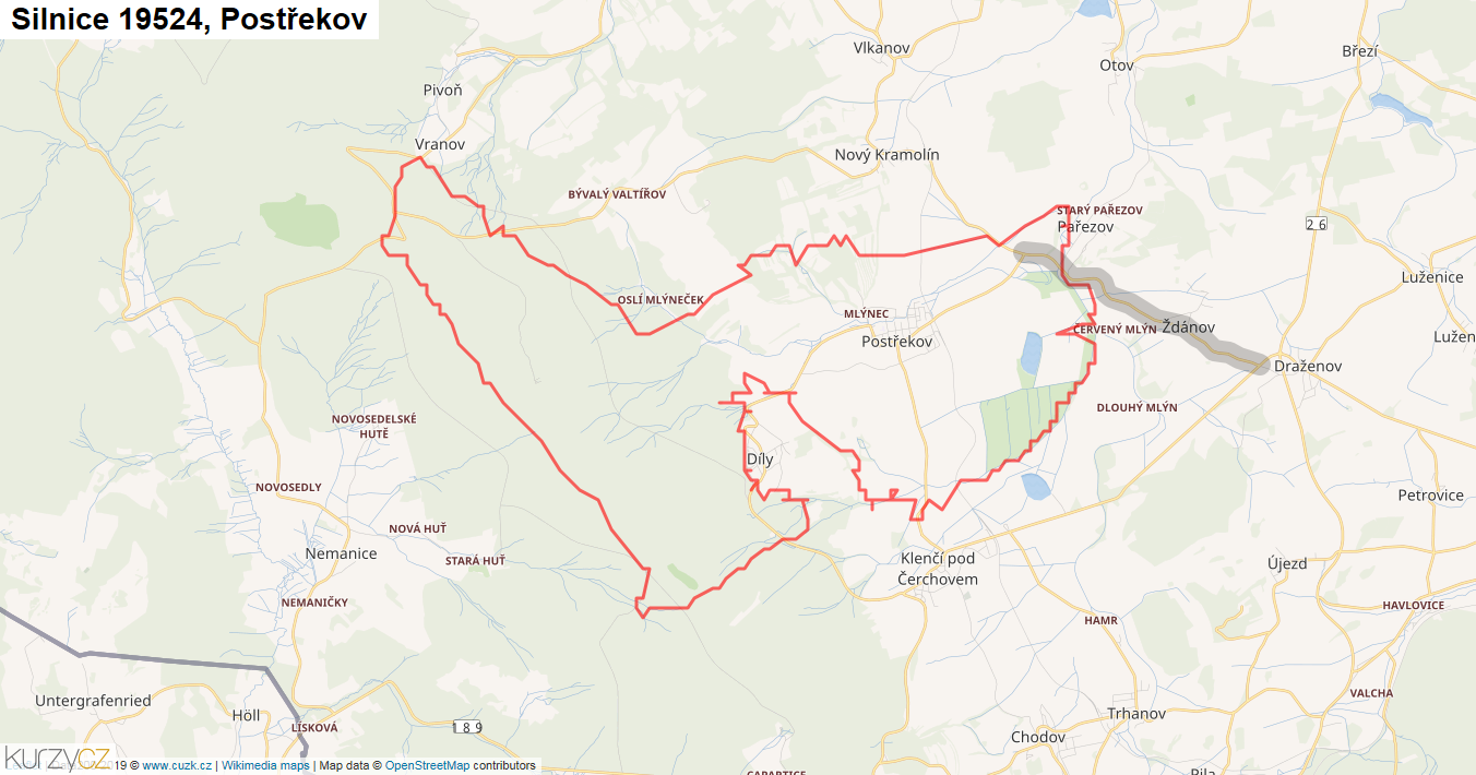 Postřekov, Silnice 19524 - Mapa