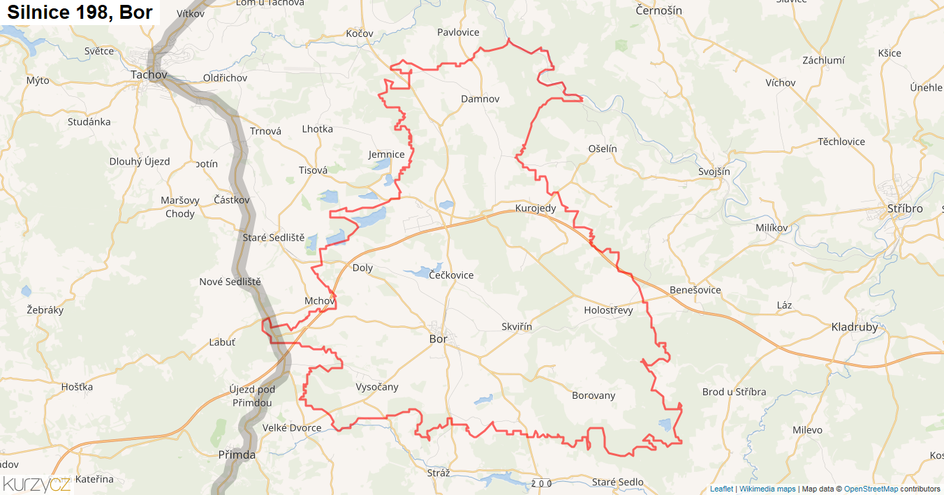 Bor, Silnice 198 - Mapa