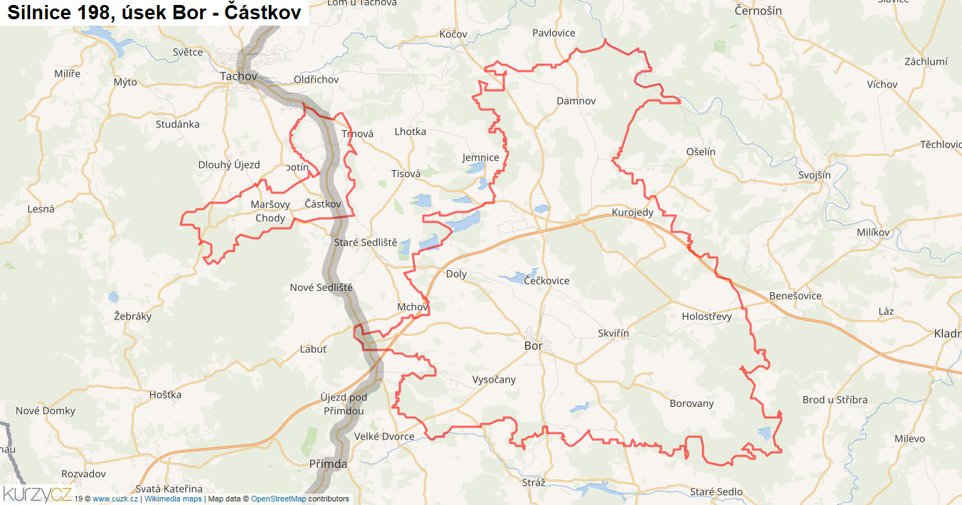 Úsek Bor - Částkov, Silnice 198 - Mapa