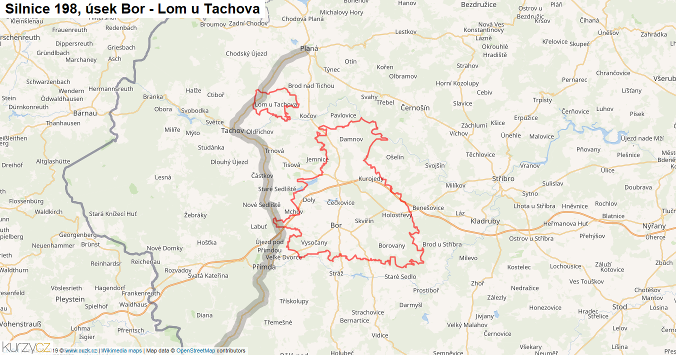 Úsek Bor - Lom u Tachova, Silnice 198 - Mapa