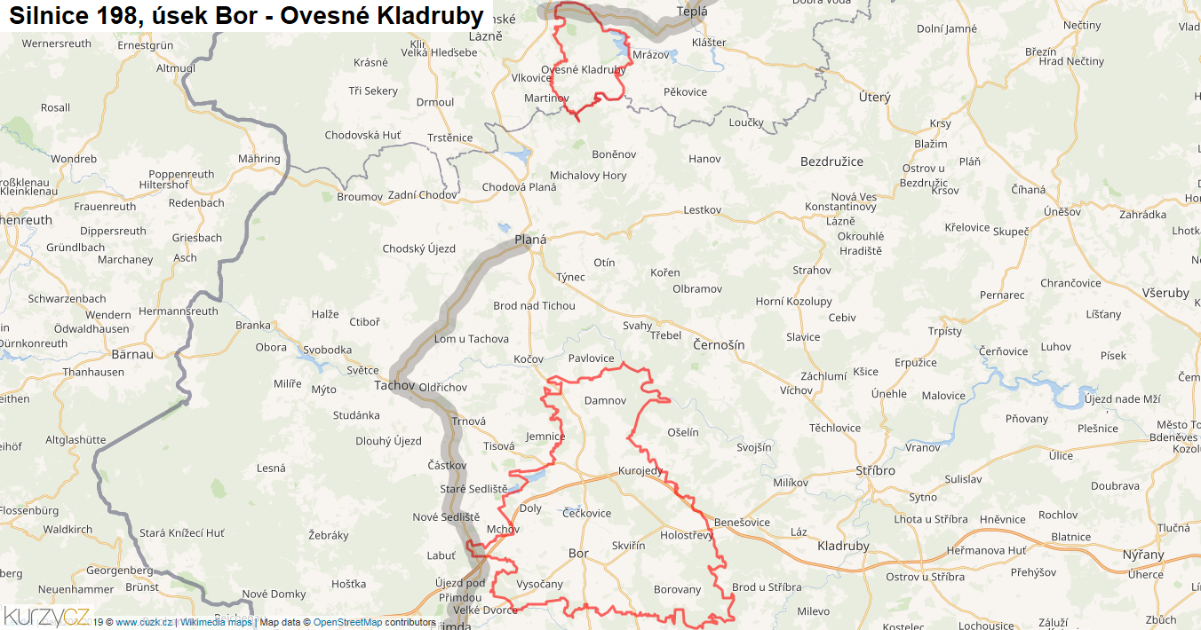 Úsek Bor - Ovesné Kladruby, Silnice 198 - Mapa