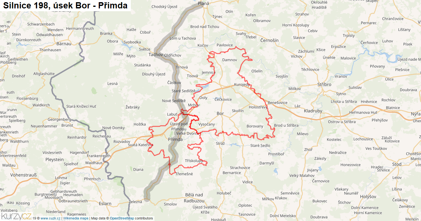Úsek Bor - Přimda, Silnice 198 - Mapa