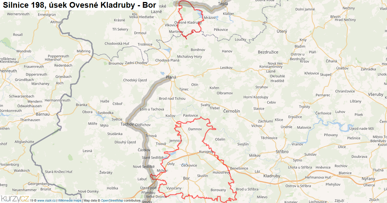 Úsek Ovesné Kladruby - Bor, Silnice 198 - Mapa