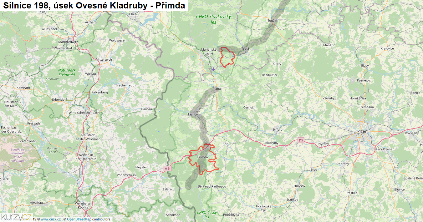Úsek Ovesné Kladruby - Přimda, Silnice 198 - Mapa