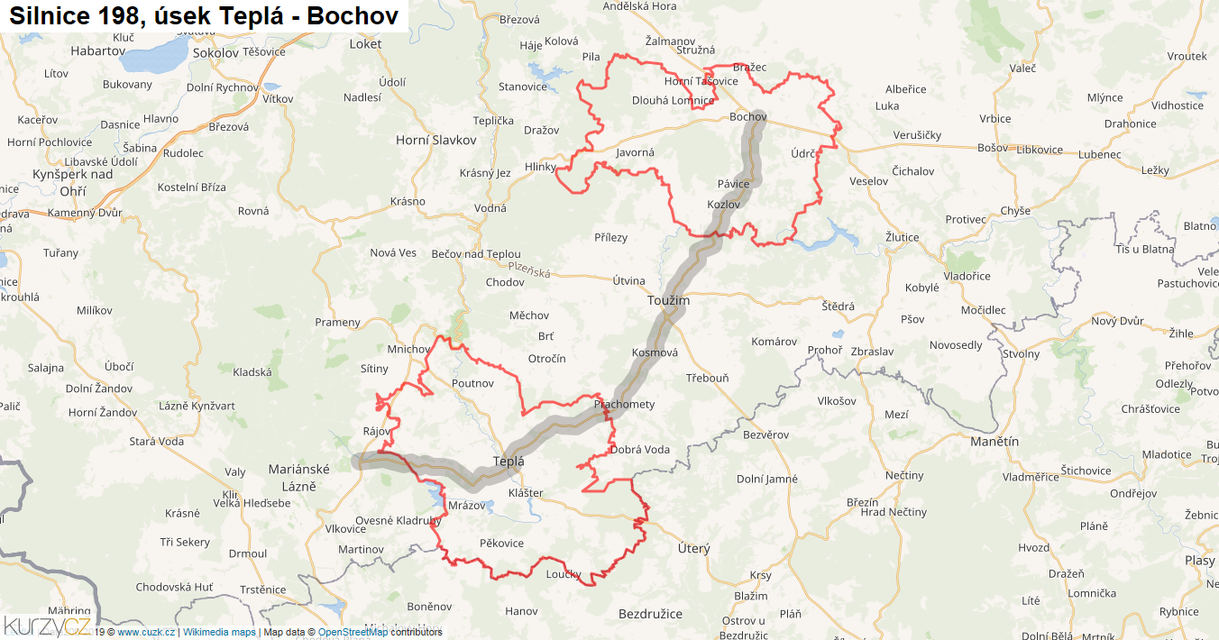 Úsek Teplá - Bochov, Silnice 198 - Mapa