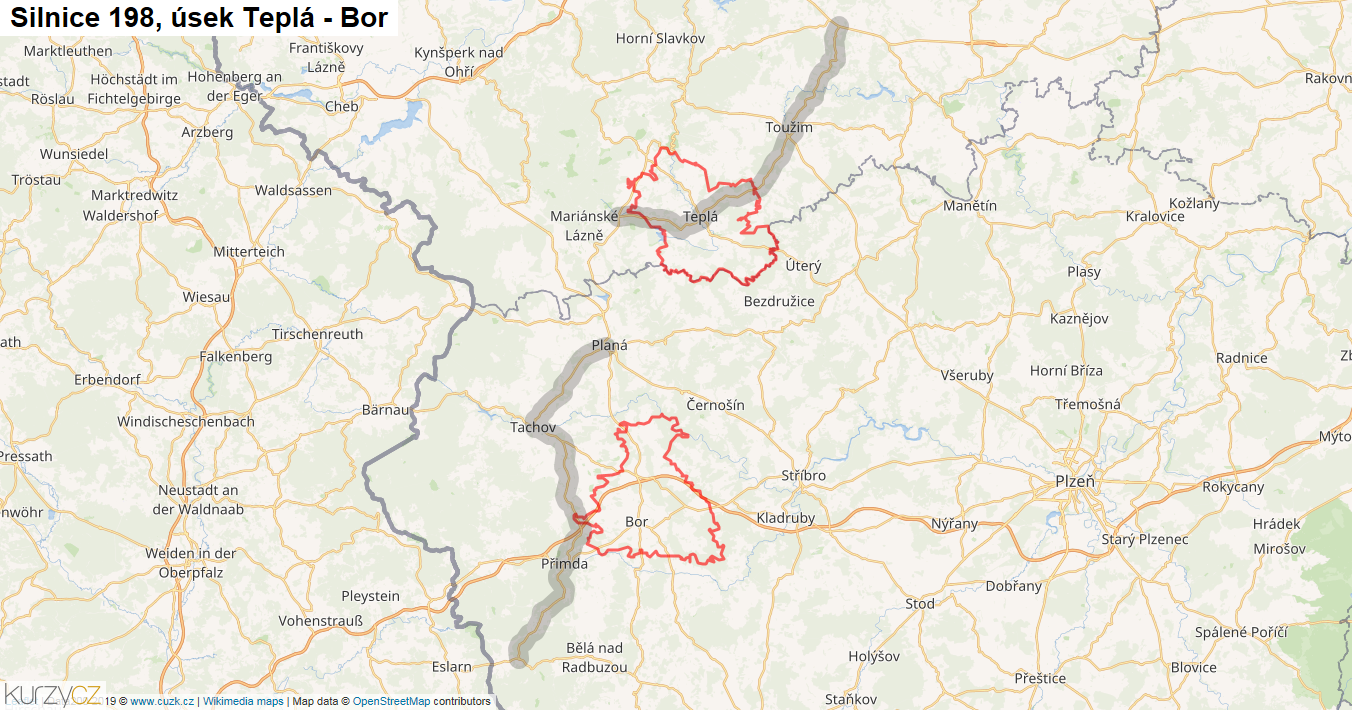 Úsek Teplá - Bor, Silnice 198 - Mapa
