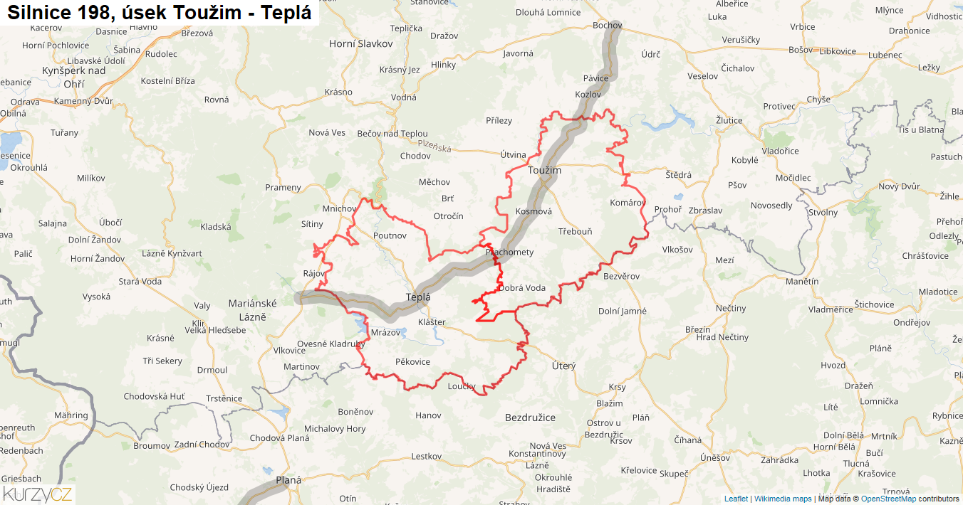 Úsek Toužim - Teplá, Silnice 198 - Mapa