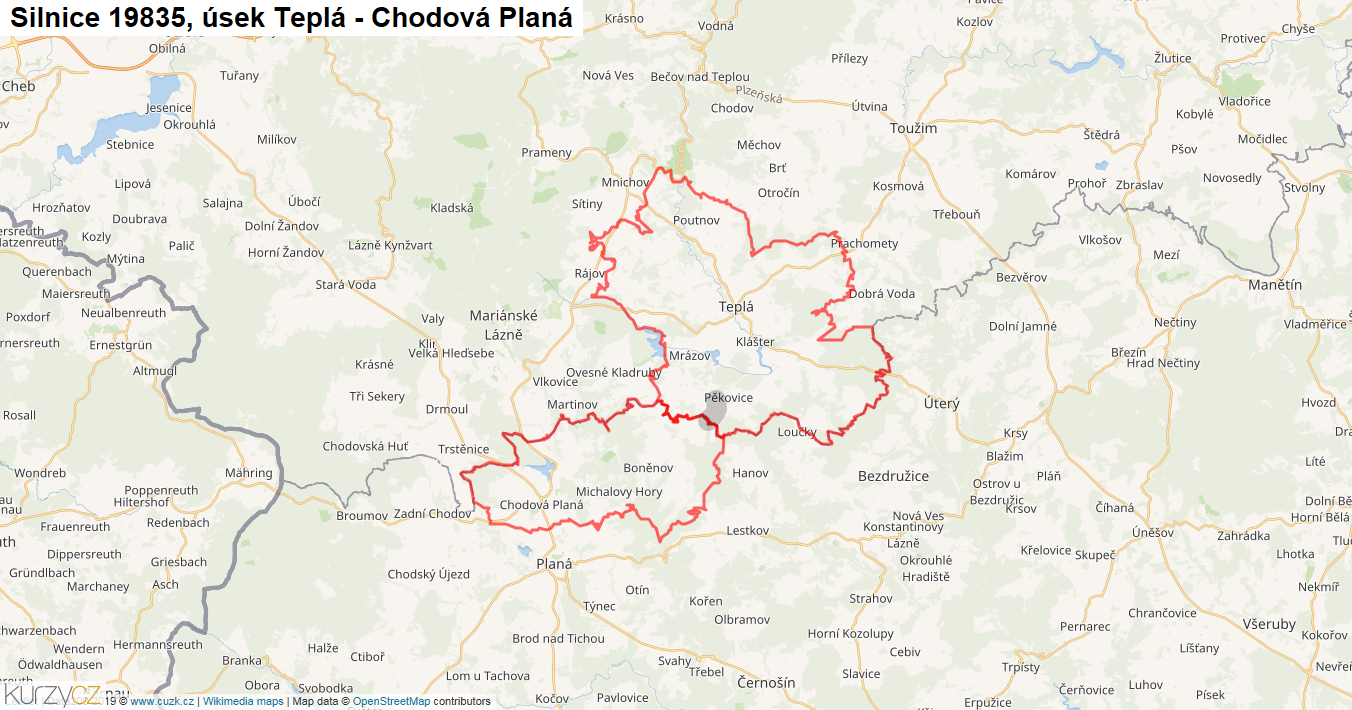 Úsek Teplá - Chodová Planá, Silnice 19835 - Mapa