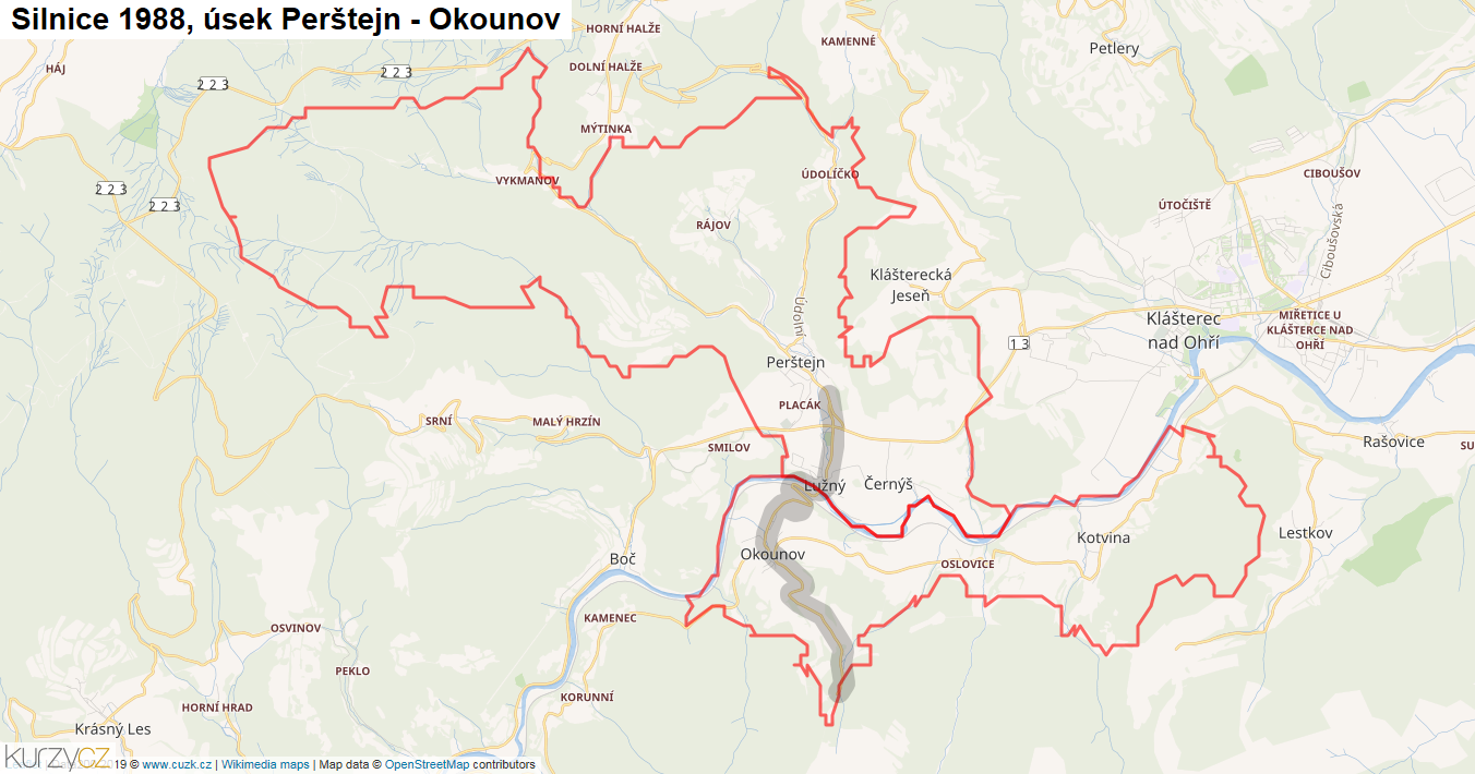 Úsek Perštejn - Okounov, Silnice 1988 - Mapa