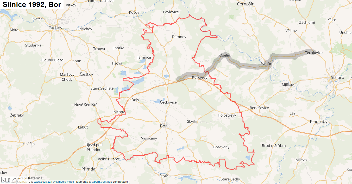 Bor, Silnice 1992 - Mapa