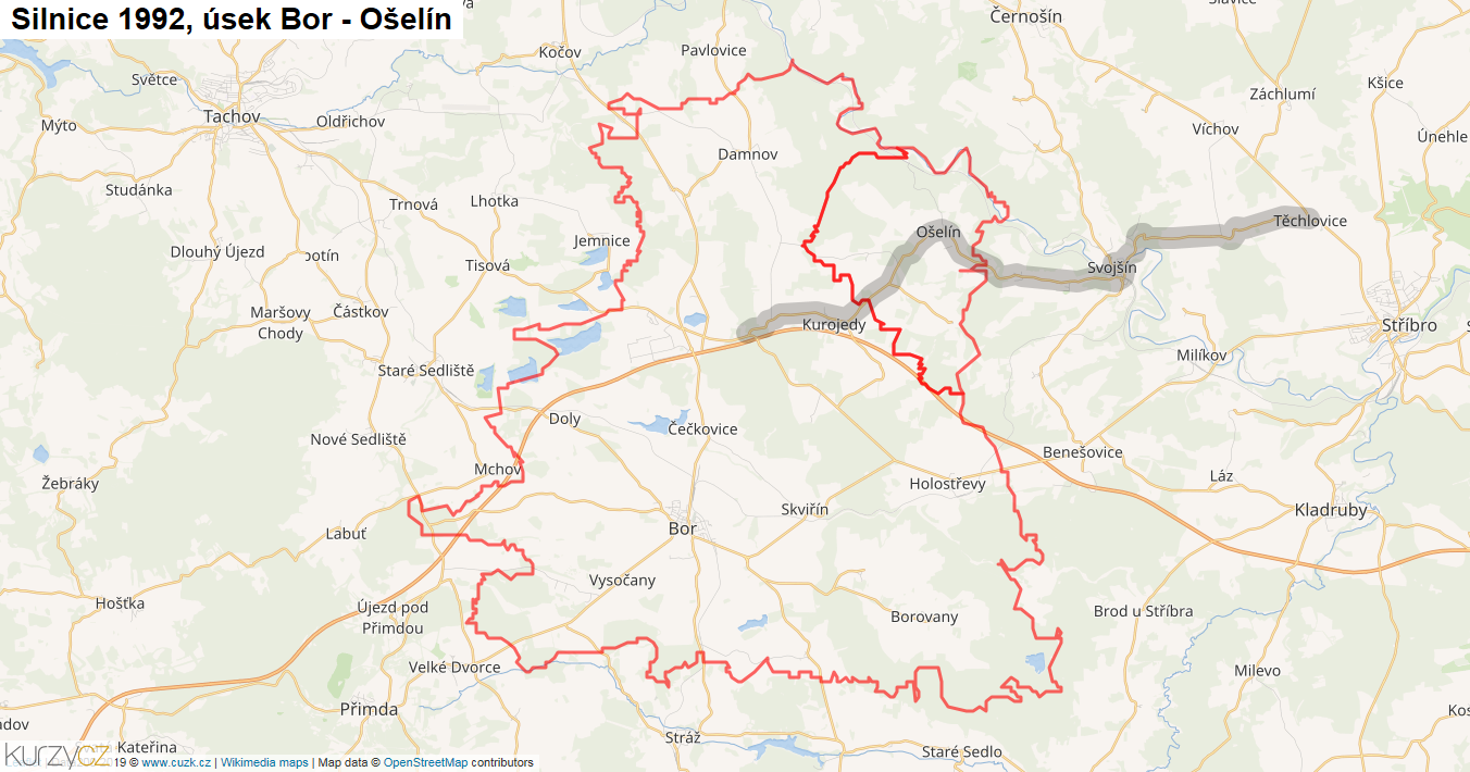 Úsek Bor - Ošelín, Silnice 1992 - Mapa