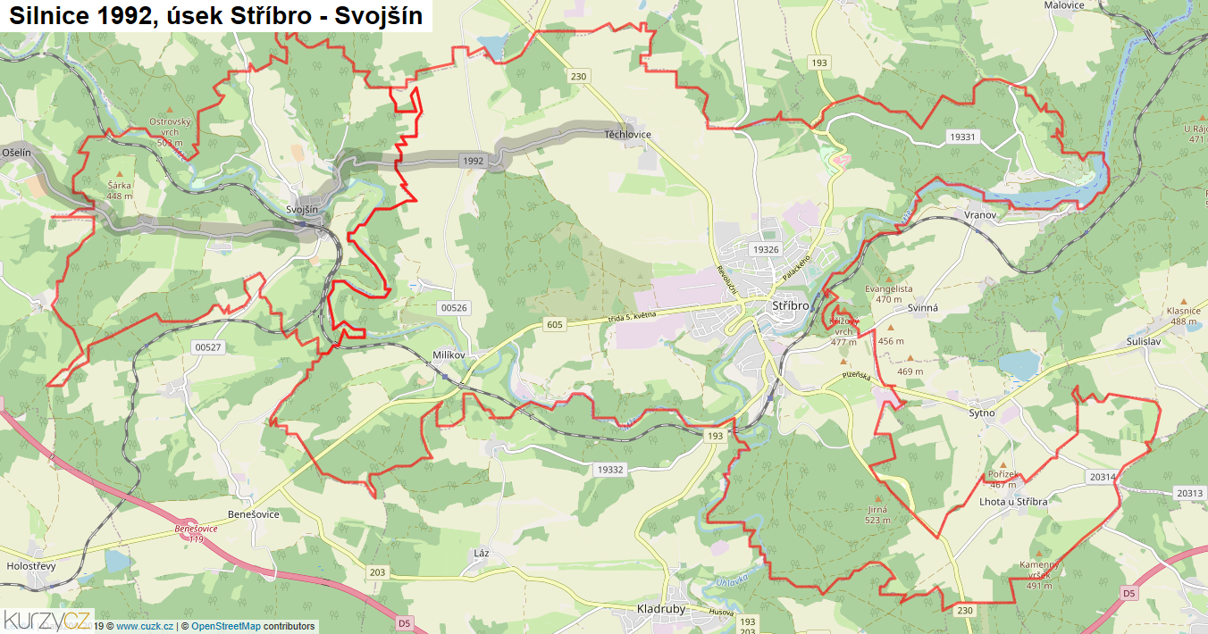 Úsek Stříbro - Svojšín, Silnice 1992 - Mapa