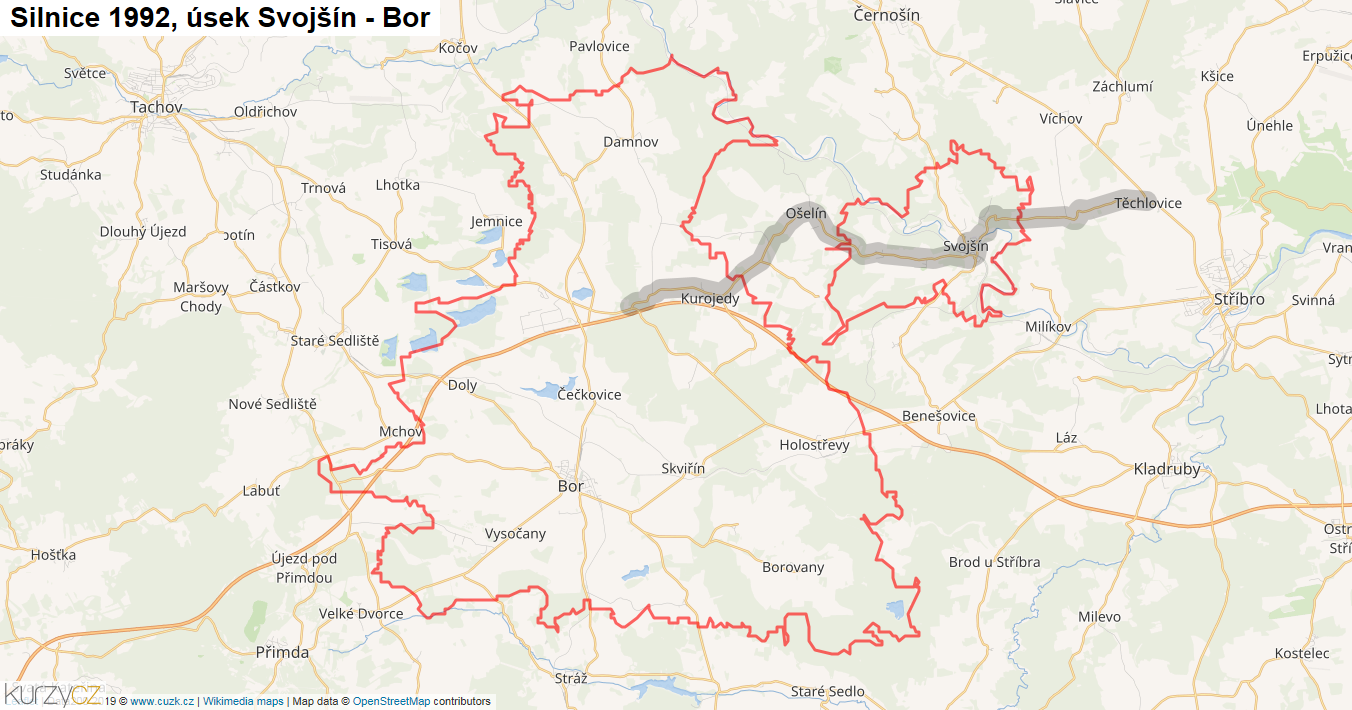 Úsek Svojšín - Bor, Silnice 1992 - Mapa