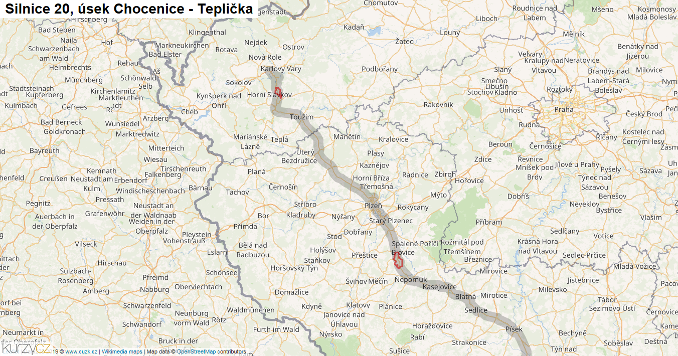 Úsek Chocenice - Teplička, Silnice 20 - Mapa