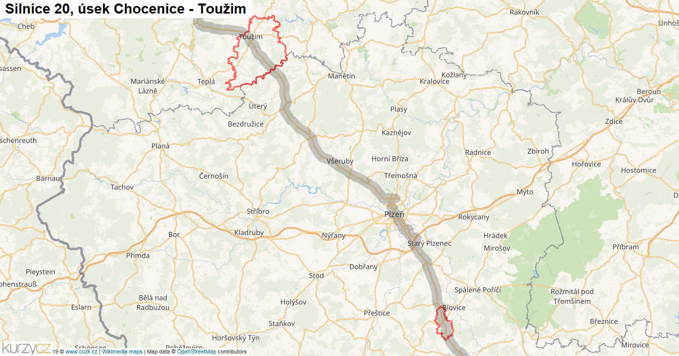 Úsek Chocenice - Toužim, Silnice 20 - Mapa