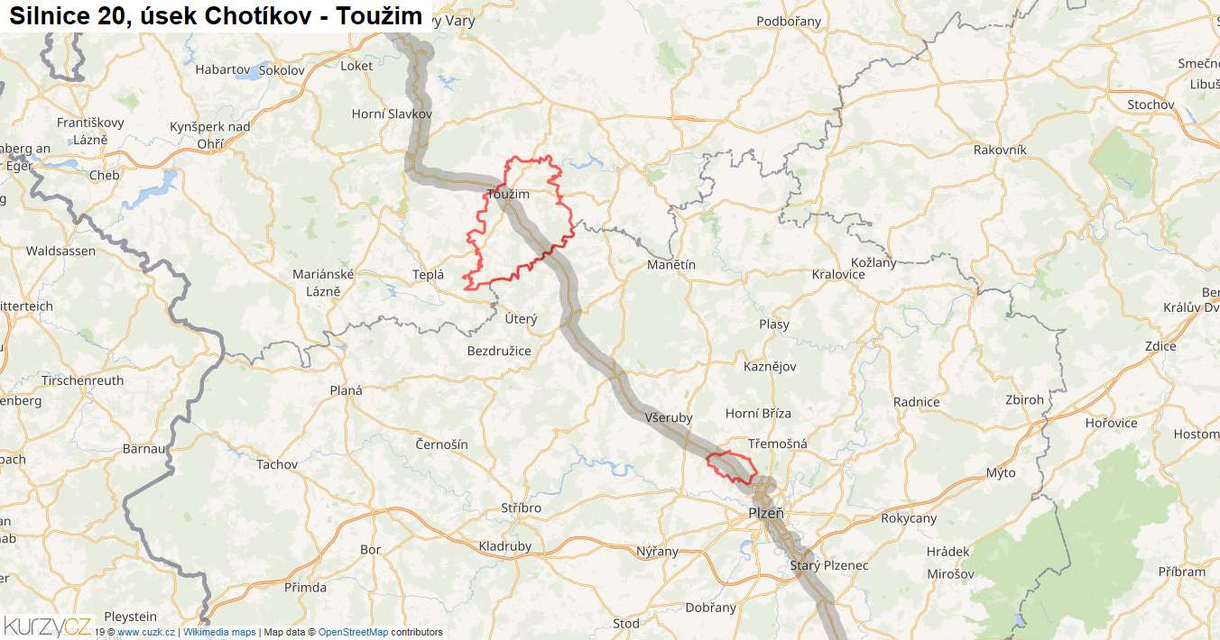 Úsek Chotíkov - Toužim, Silnice 20 - Mapa